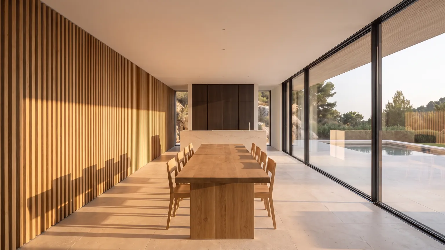 Comedor con mesa larga de madera junto a una pared de lamas y un ventanal a la piscina