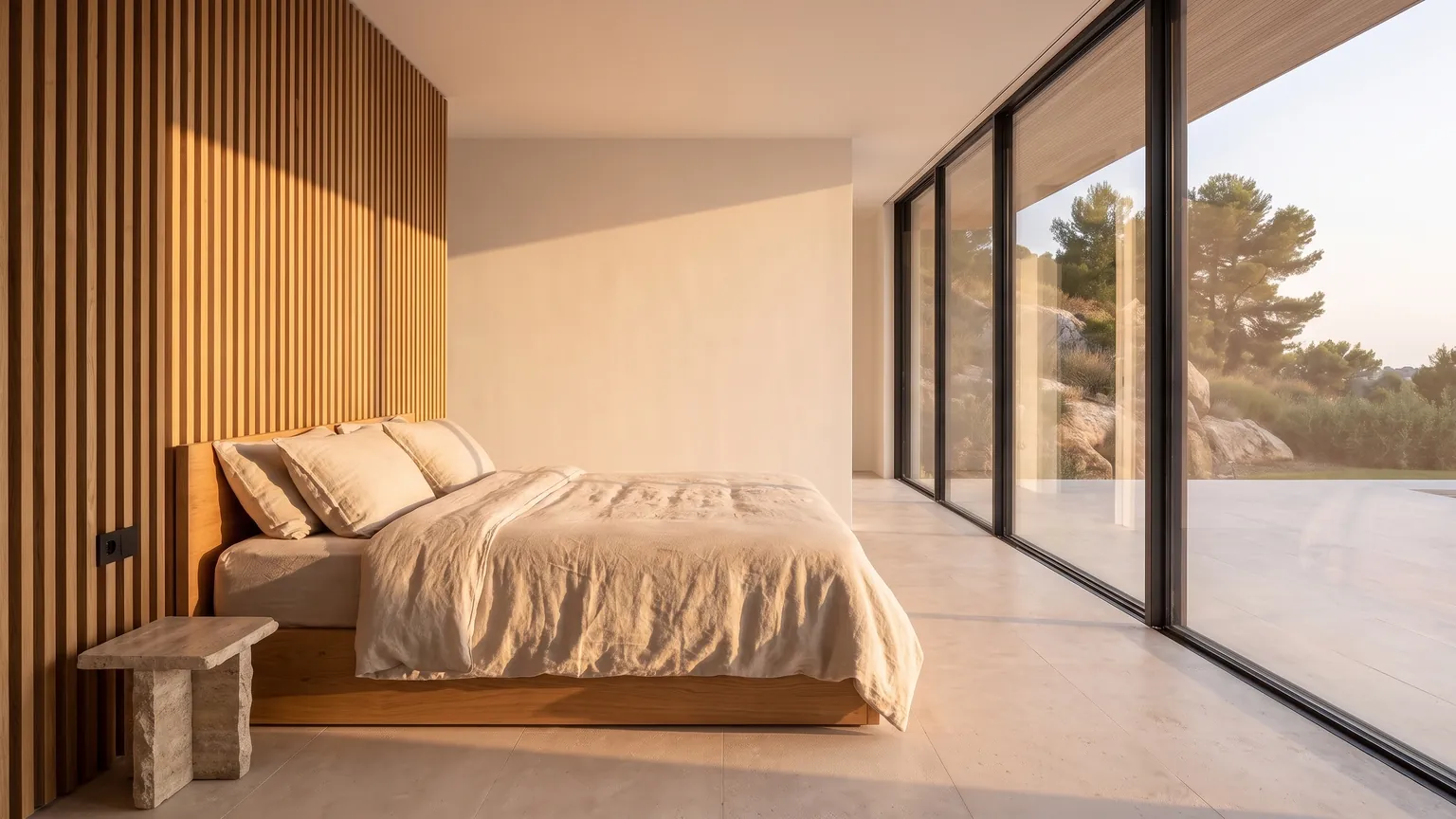 Dormitorio con luz baja de tarde sobre ropa de cama de lino