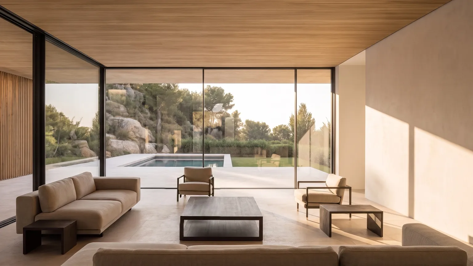 Salón con techo de madera abierto por completo a la piscina y a la ladera