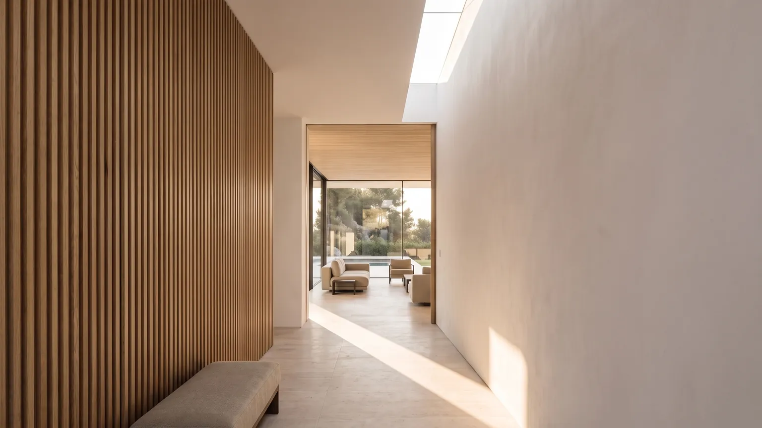 Vestíbulo con pared de lamas de madera y luz cenital que lleva al salón
