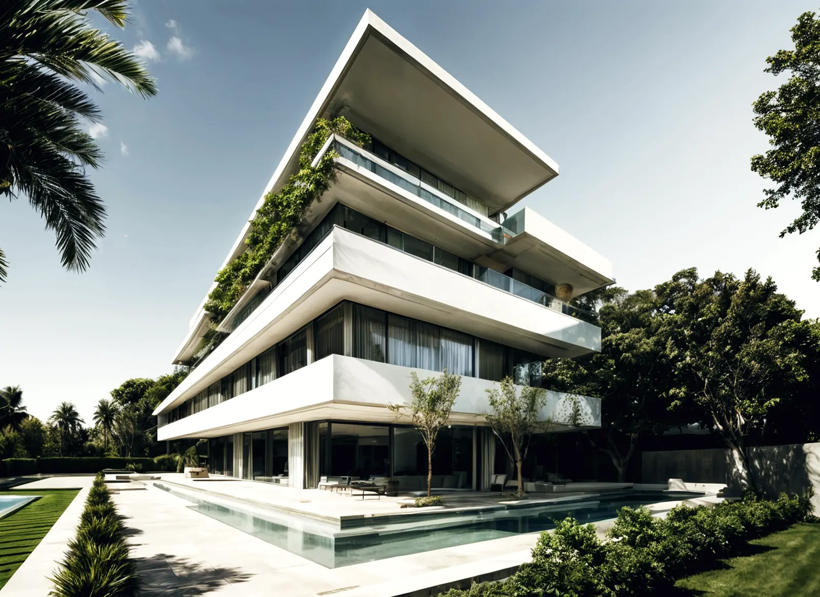 Villa contemporánea de líneas blancas y madera junto a una piscina