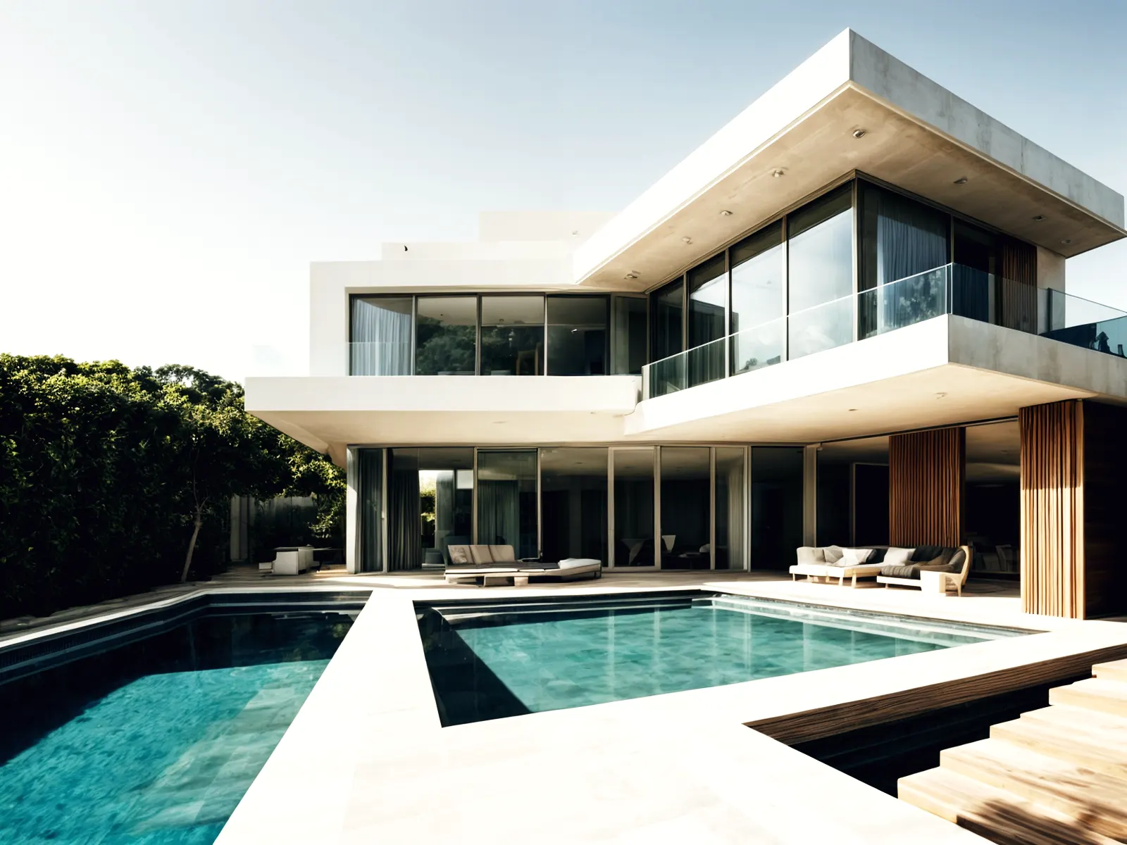 Villa de dos plantas en blanco y madera con piscina