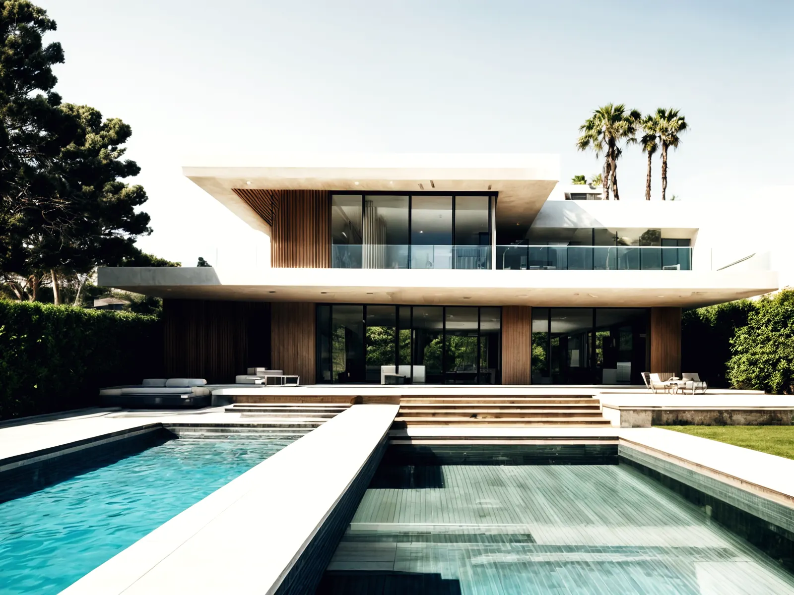Vivienda con gran voladizo sobre la zona de piscina