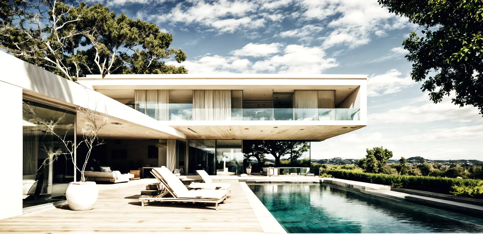 Vista panorámica de una vivienda contemporánea con jardín y piscina