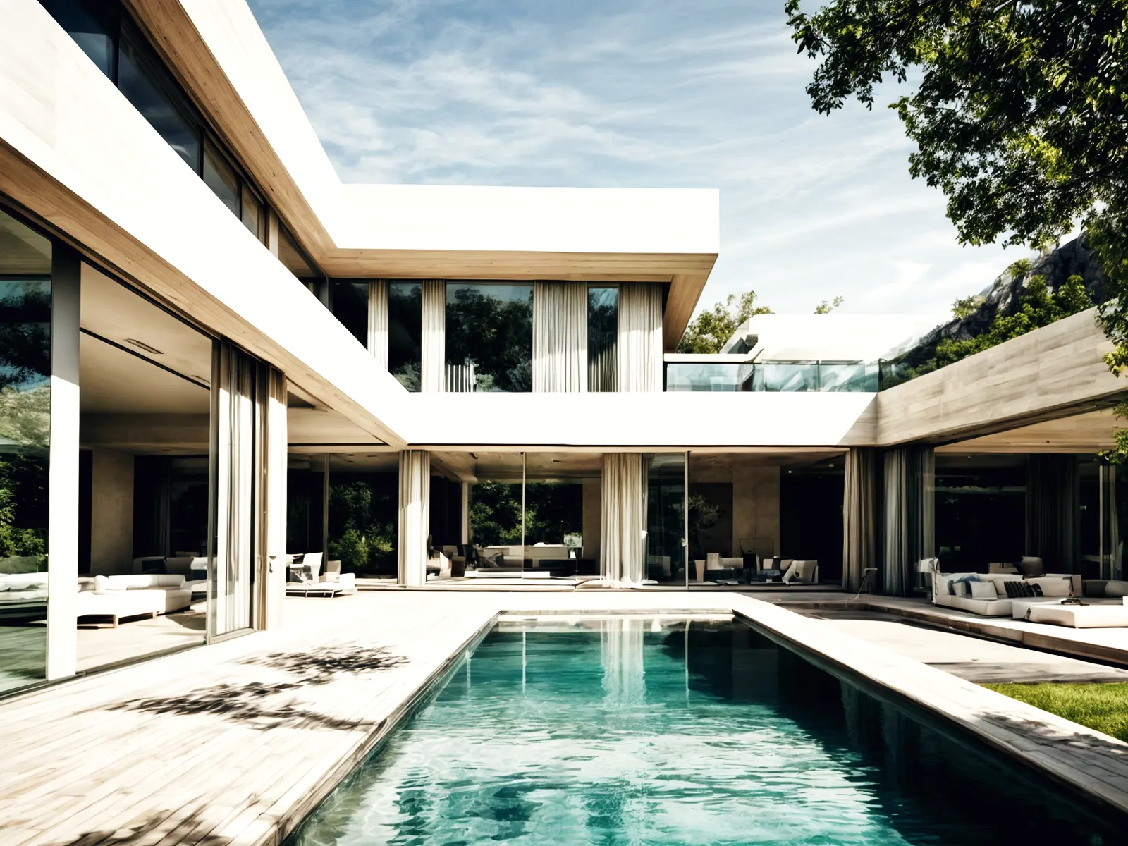Patio interior con piscina entre dos alas de la vivienda