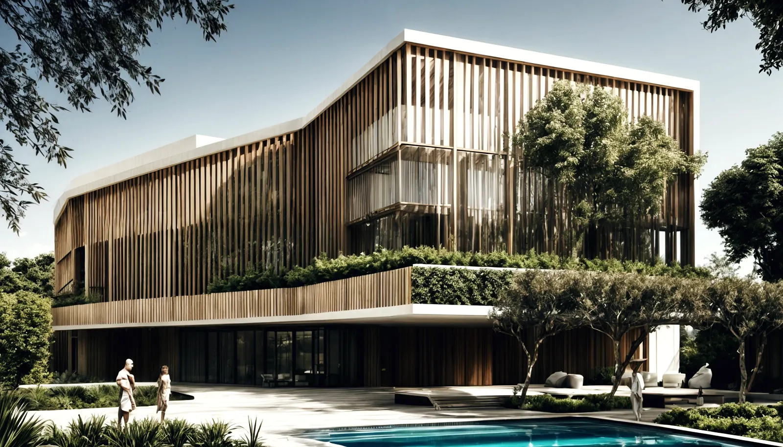 Fachada de lamas de madera con vegetación integrada