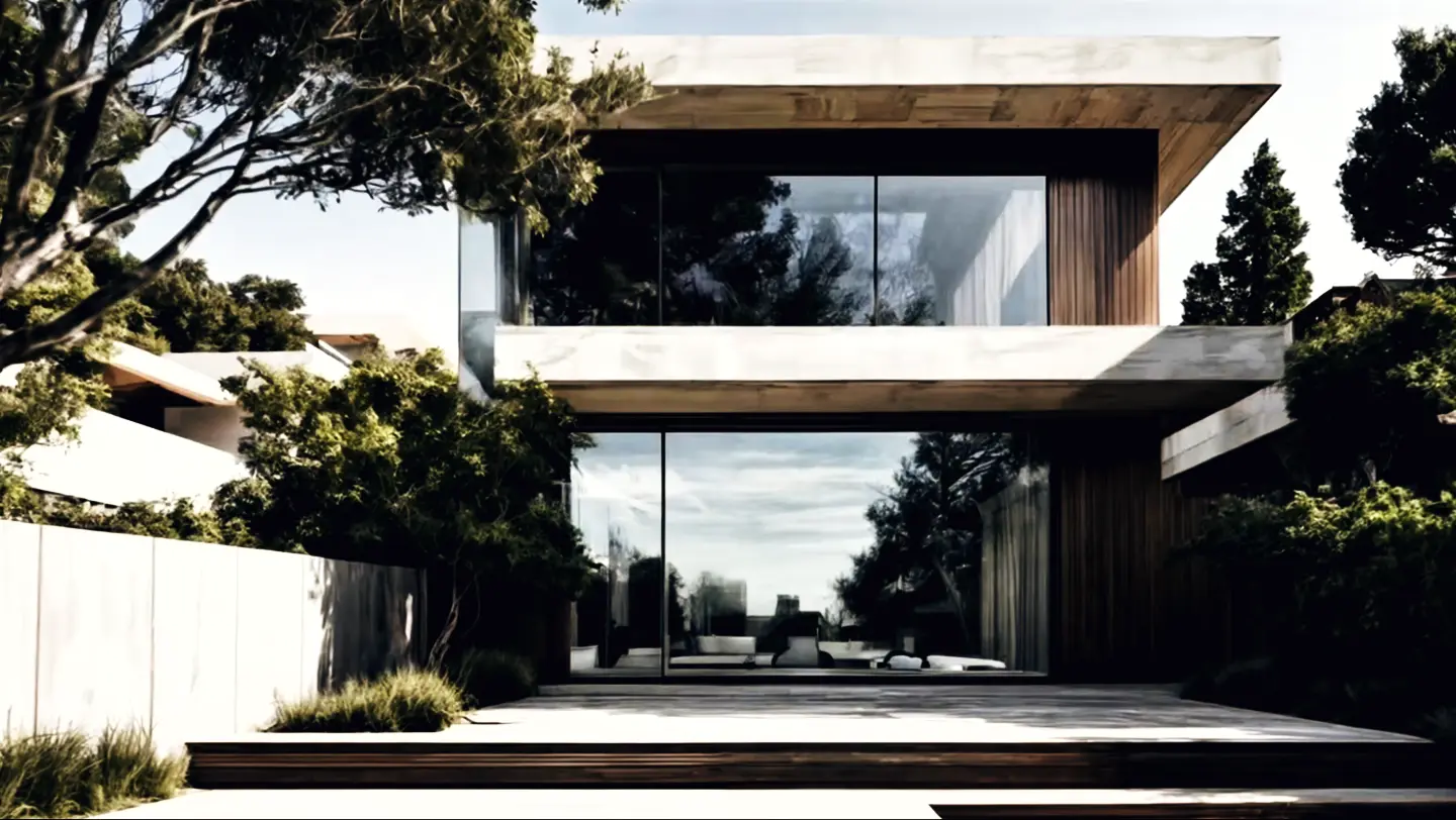 Acceso de una vivienda: gran cajón de vidrio y madera entre vegetación