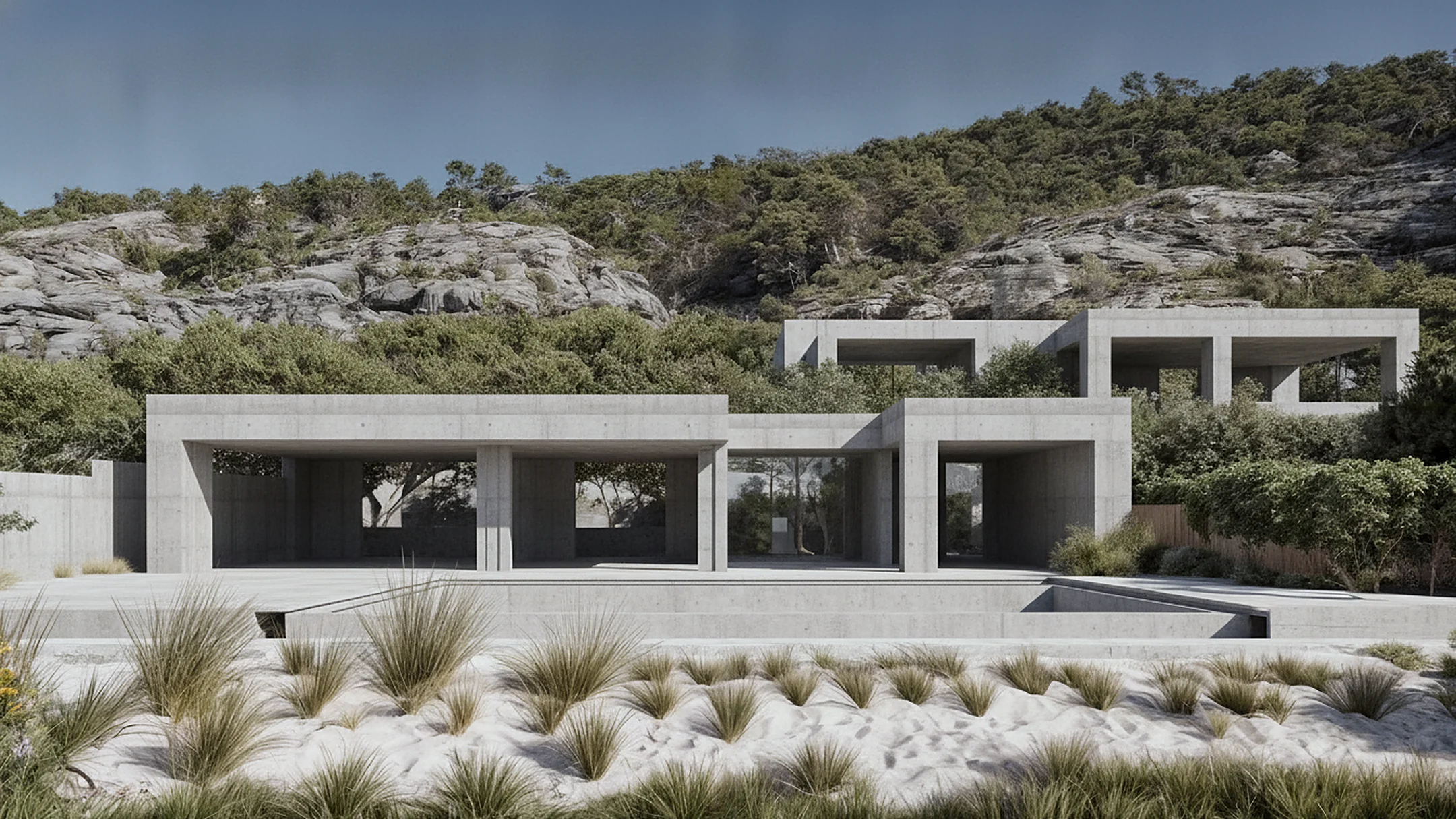 La estructura de hormigón visto de la vivienda, abierta, con la ladera al fondo