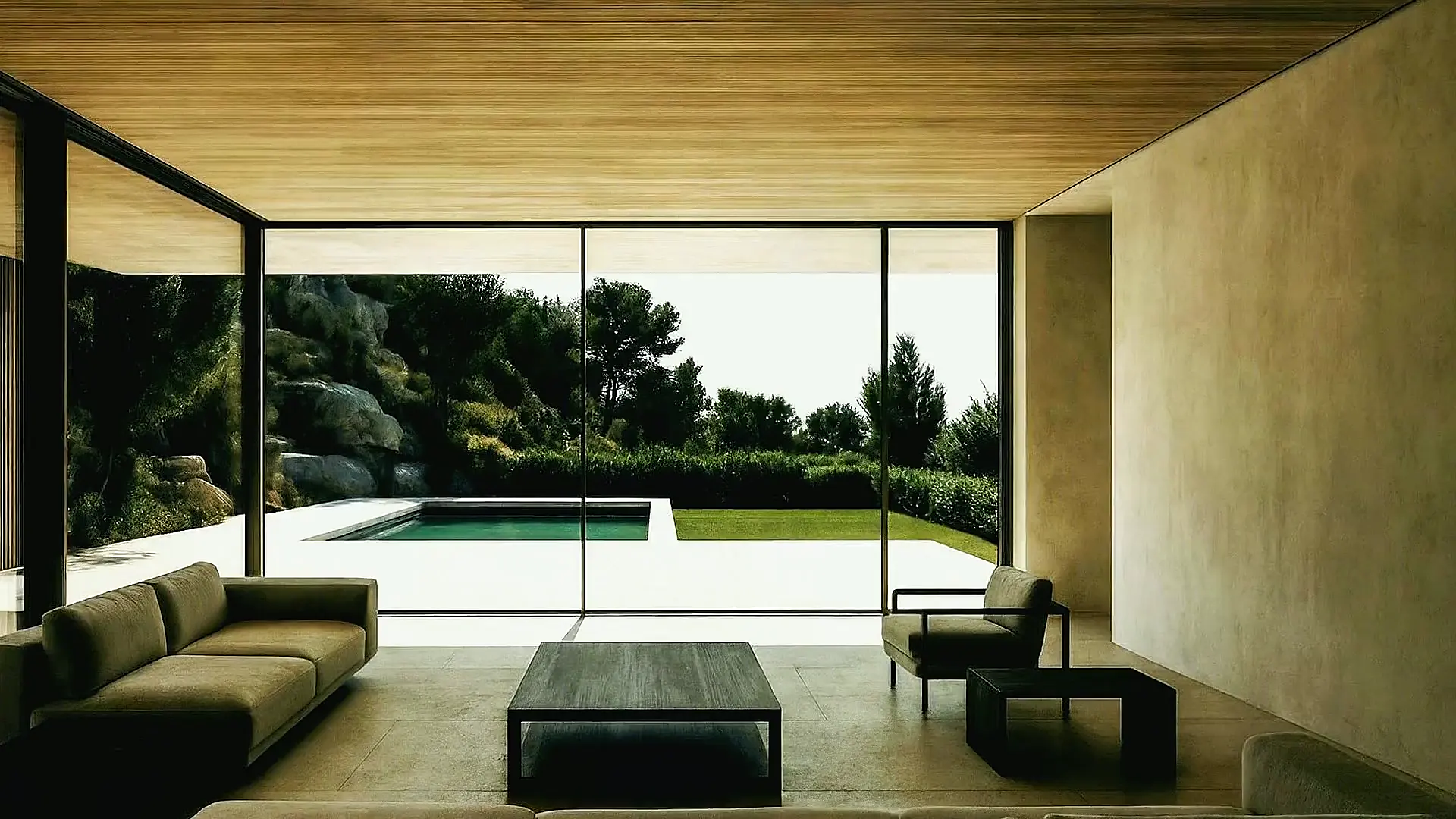 Salón con techo de lamas de madera abierto por completo a una piscina y una ladera rocosa